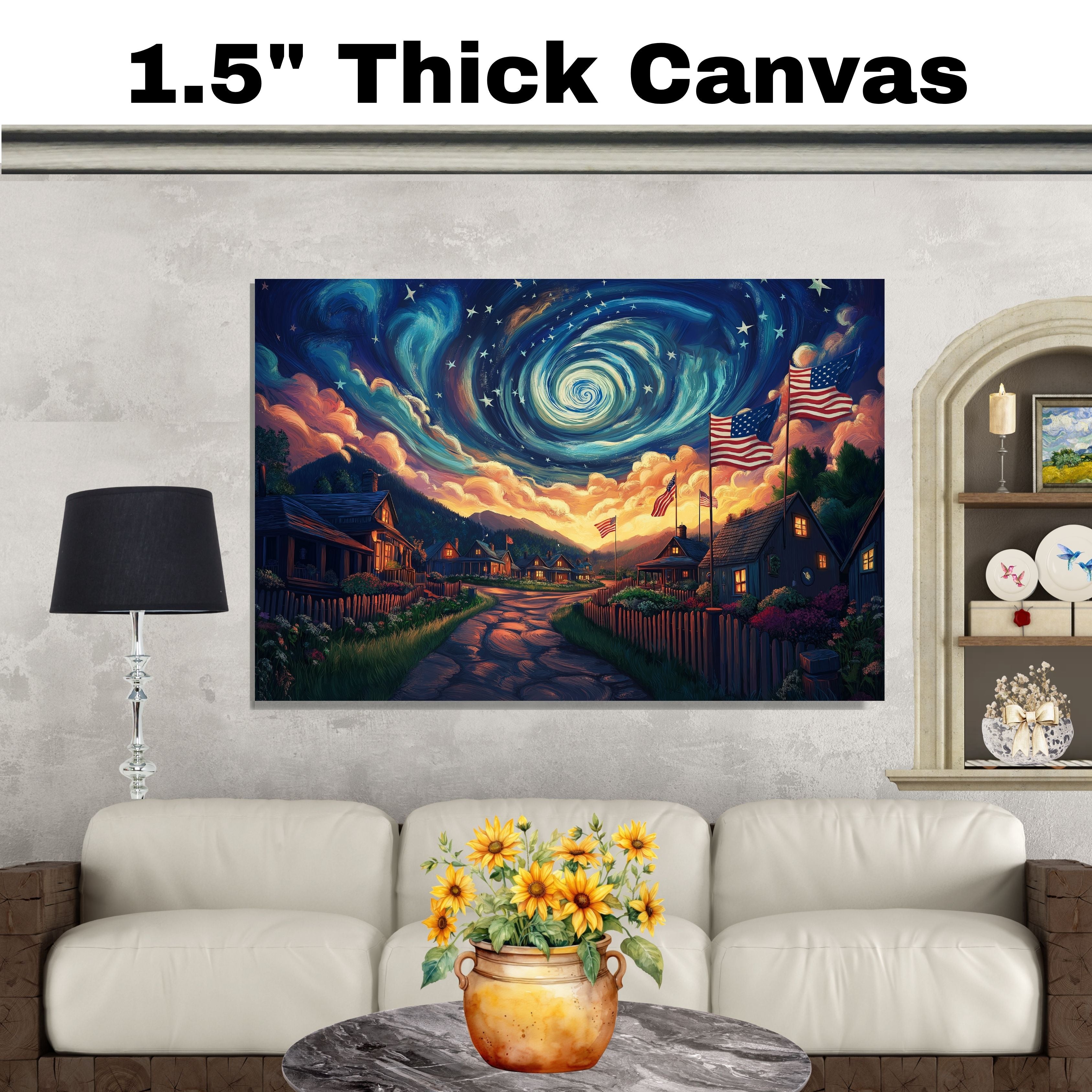 Patriotic Village with Glowing Homes, American Flags, and Swirling Sky at Sunset, Whimsical 4th of July Scene with Stars, Mountains, and Radiant Colors on Ready to Hang 1.5" Thick Canvas Wrap, Floating Framed Canvas, Flat Rolled Canvas