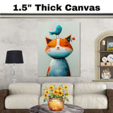 Whimsical Orange and White Cat with Blue Bird on Head Illustration for Kids Room or Nursery Art Print Cute Animal Artwork with Playful and Joyful Design on Ready to Hang 1.5" Thick Canvas Wrap, Floating Framed Canvas, Flat Rolled Canvas