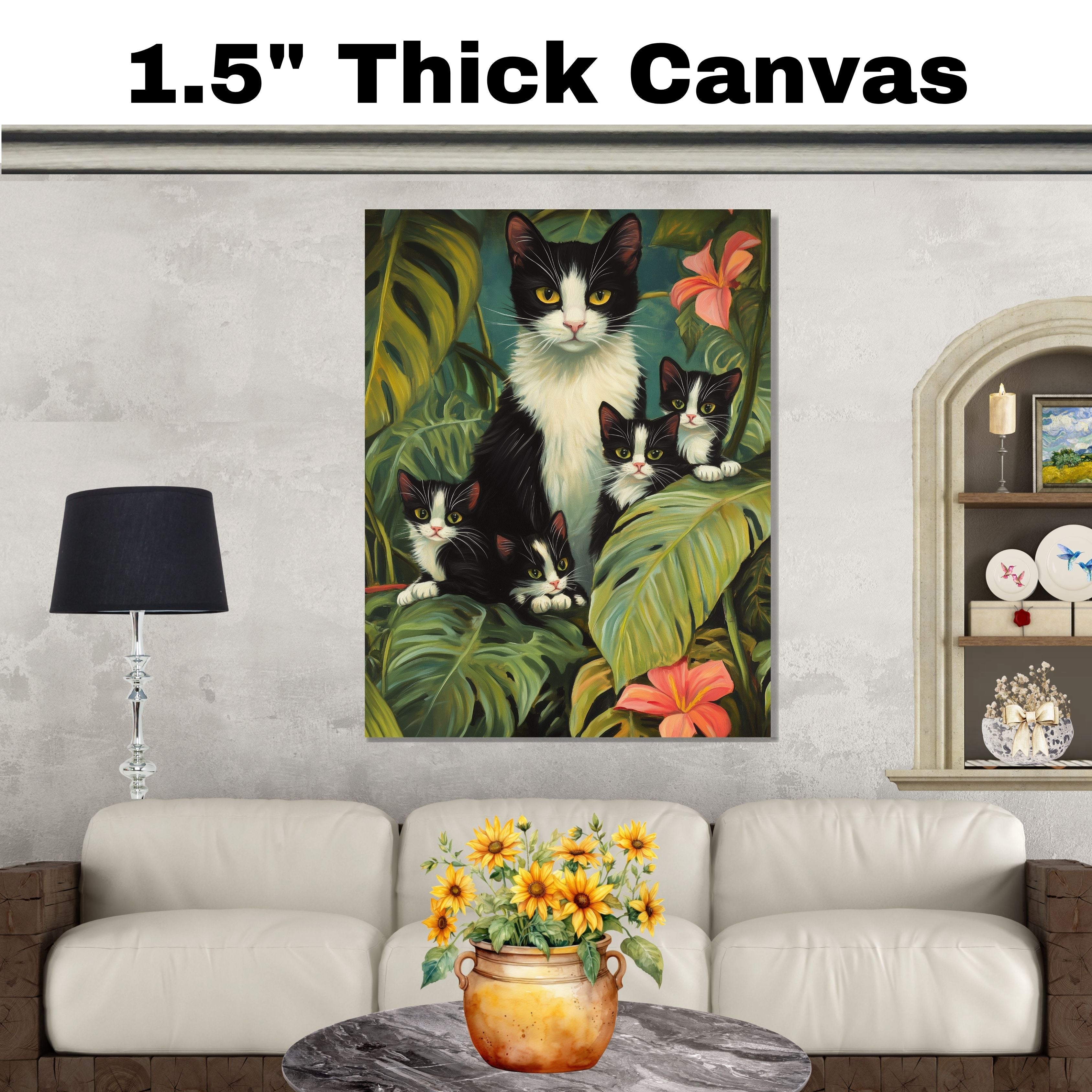 Jungle Retreat: Tuxedo Cat Mom and Four Kittens Exploring a Lush Tropical Paradise on Ready to Hang 1.5" Thick Canvas Wrap, Floating Framed Canvas, Flat Rolled Canvas