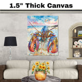 Watercolor Painting of a Colorful Lobster on a Rocky Beach with Ocean Waves and Dramatic Sky in Coastal Marine Style on Ready to Hang 1.5" Thick Canvas Wrap, Floating Framed Canvas, Flat Rolled Canvas