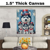 Land of the Free: Siberian Husky Mom with Three Puppies in a Patriotic Tribute Inspiring American-Themed Painting on Ready to Hang 1.5" Thick Canvas Wrap, Floating Framed Canvas, Flat Rolled Canvas