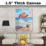 Watercolor Painting of Vibrant Beach Umbrella and Ball on Shoreline with Soft Ocean Waves and Pastel Sky for Summer Vibes on Ready to Hang 1.5" Thick Canvas Wrap, Floating Framed Canvas, Flat Rolled Canvas