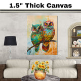 Colorful Owl Pair Artwork Featuring Bright Multicolored Feathers and Big Orange Eyes Perched on a Branch with Playful Abstract Background in Warm Tones on Ready to Hang 1.5" Thick Canvas Wrap, Floating Framed Canvas, Flat Rolled Canvas