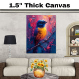 Striking Yellow and Blue Bird on Branch with Deep Red and Purple Abstract Background on Ready to Hang 1.5" Thick Canvas Wrap, Floating Framed Canvas, Flat Rolled Canvas