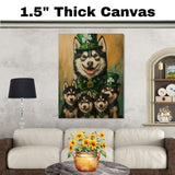 Lucky Paws: Siberian Husky with Adorable Puppies Dressed in St. Patrick's Day Outfits on Ready to Hang 1.5" Thick Canvas Wrap, Floating Framed Canvas, Flat Rolled Canvas