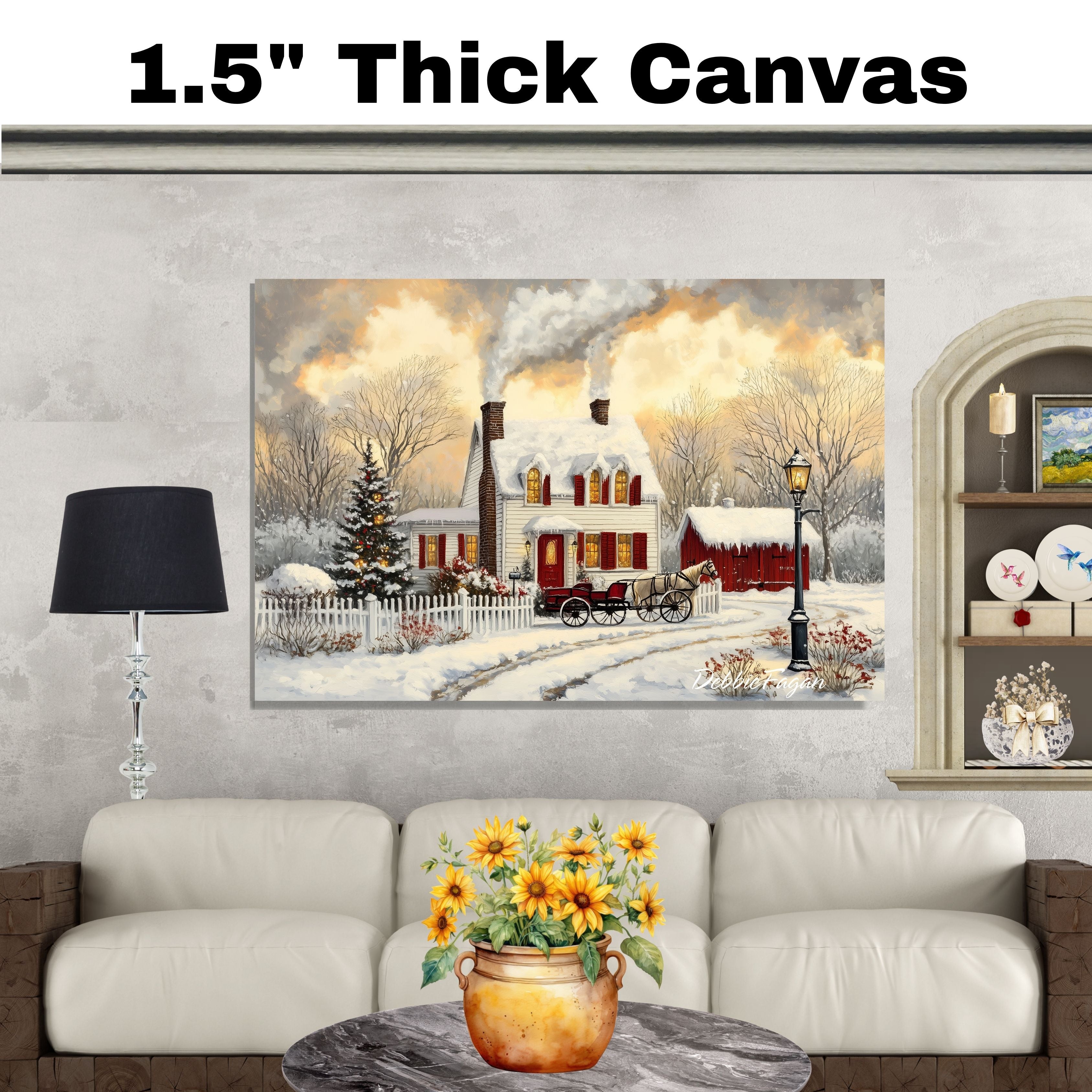 Winter Farmhouse – Cozy Snow-Covered Country Home with Red Barn, Trees and Horse Wall Art Print on Ready to Hang 1.5" Thick Canvas Wrap, Floating Framed Canvas, Flat Rolled Canvas