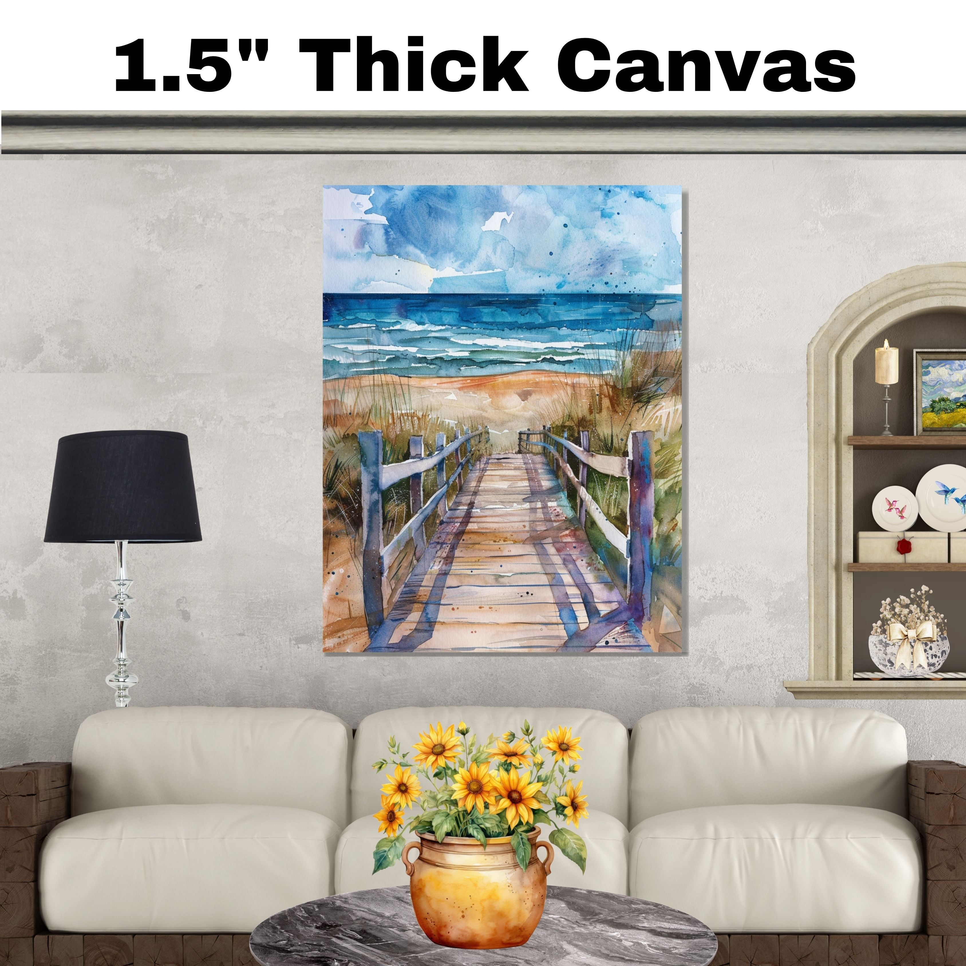 Dramatic Coastal Boardwalk Watercolor Painting – Path to the Ocean with Windswept Dunes and Stormy Sky on Ready to Hang 1.5" Thick Canvas Wrap, Floating Framed Canvas, Flat Rolled Canvas
