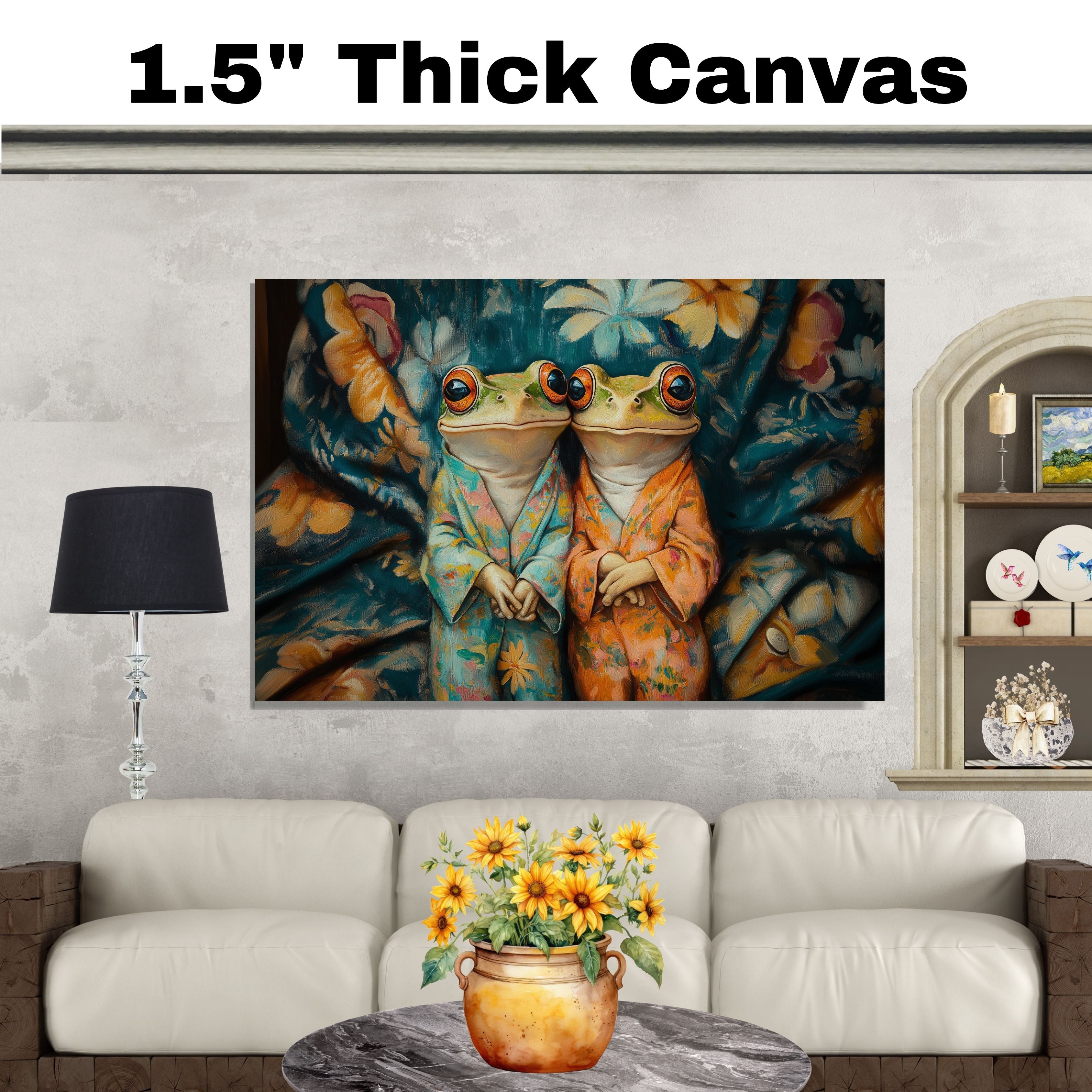 Elegant Painting of Two Frogs in Floral Pajamas Sitting Together with Gentle Expressions on a Bold Botanical Background in Teal and Warm Orange Hues on Ready to Hang 1.5" Thick Canvas Wrap, Floating Framed Canvas, Flat Rolled Canvas