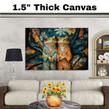 Elegant Painting of Two Frogs in Floral Pajamas Sitting Together with Gentle Expressions on a Bold Botanical Background in Teal and Warm Orange Hues on Ready to Hang 1.5" Thick Canvas Wrap, Floating Framed Canvas, Flat Rolled Canvas