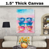 Watercolor Painting of Three Colorful Sunglasses with Ocean Beach Background in Vibrant Summer Tones on Ready to Hang 1.5" Thick Canvas Wrap, Floating Framed Canvas, Flat Rolled Canvas
