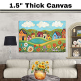 Whimsical Folk Art Canvas – Bright Colorful Houses and Wildflowers on Rolling Hills with Blue Skies on Ready to Hang 1.5" Thick Canvas Wrap, Floating Framed Canvas, Flat Rolled Canvas