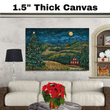 Christmas Eve with Glowing Lights Across Rolling Hills, Cozy Cabins, and a Majestic Tree Under a Starry Moonlit Sky on Ready to Hang 1.5" Thick Canvas Wrap, Floating Framed Canvas, Flat Rolled Canvas