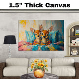 Painting of Two Cute Deer in Colorful Pajamas Sitting on a Vibrant Bed with Bright Pillows Surrounded by Playful Brush Strokes and Warm Whimsical Details on Ready to Hang 1.5" Thick Canvas Wrap, Floating Framed Canvas, Flat Rolled Canvas