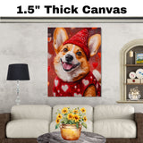 Sweetheart Charm: Corgi in a Red Heart-Adorned Top and Hat Endearing Romantic Painting on Ready to Hang 1.5" Thick Canvas Wrap, Floating Framed Canvas, Flat Rolled Canvas