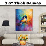 Colorful Chickadee on a Branch with Rainbow Background and Expressive Brush Strokes on Ready to Hang 1.5" Thick Canvas Wrap, Floating Framed Canvas, Flat Rolled Canvas