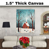 Whimsical Christmas Forest Scene with Red Brick House, Snowy Trees, Reindeer, and Falling Snow Under a Winter Sky on Ready to Hang 1.5" Thick Canvas Wrap, Floating Framed Canvas, Flat Rolled Canvas