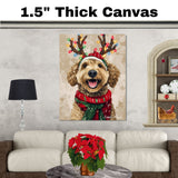 'Rustic Glow' - Bernedoodle Dog with Twinkling Antlers & Holiday Scarf on Rustic Background, Ready to Hang 1.5" Thick Canvas Wrap, Floating Framed Canvas, Flat Rolled Canvas