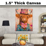 Victorian Charm: Whimsical Highland Cattle in an Elegant European Suit and Hat Heartwarming Timeless Artwork on Ready to Hang 1.5" Thick Canvas Wrap, Floating Framed Canvas, Flat Rolled Canvas