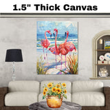 Vibrant Flamingos on Beach with Ocean Waves and Coastal Grasses in Watercolor Seaside Illustration on Ready to Hang 1.5" Thick Canvas Wrap, Floating Framed Canvas, Flat Rolled Canvas