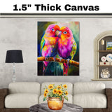 Bright Multicolor Lovebird Pair Artwork Featuring Pink Orange and Yellow Feathers Perched Closely on a Branch with Bold Expressive Brushstroke Background on Ready to Hang 1.5" Thick Canvas Wrap, Floating Framed Canvas, Flat Rolled Canvas