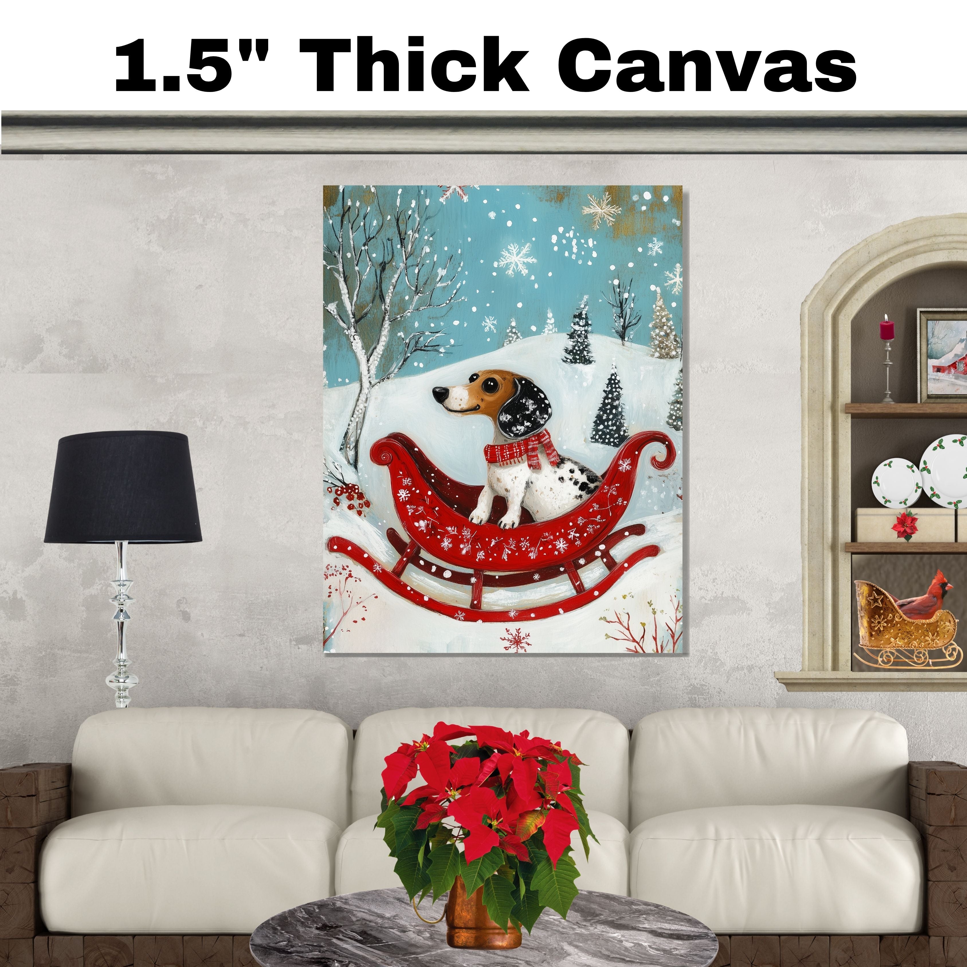 Dachshund in Red Sleigh Winter Forest Scene Whimsical Christmas Dog Wall Art, Holiday Pet Illustration, Cozy Festive Decor or Gift for Dog Lovers on Ready to Hang 1.5" Thick Canvas Wrap, Floating Framed Canvas, Flat Rolled Canvas
