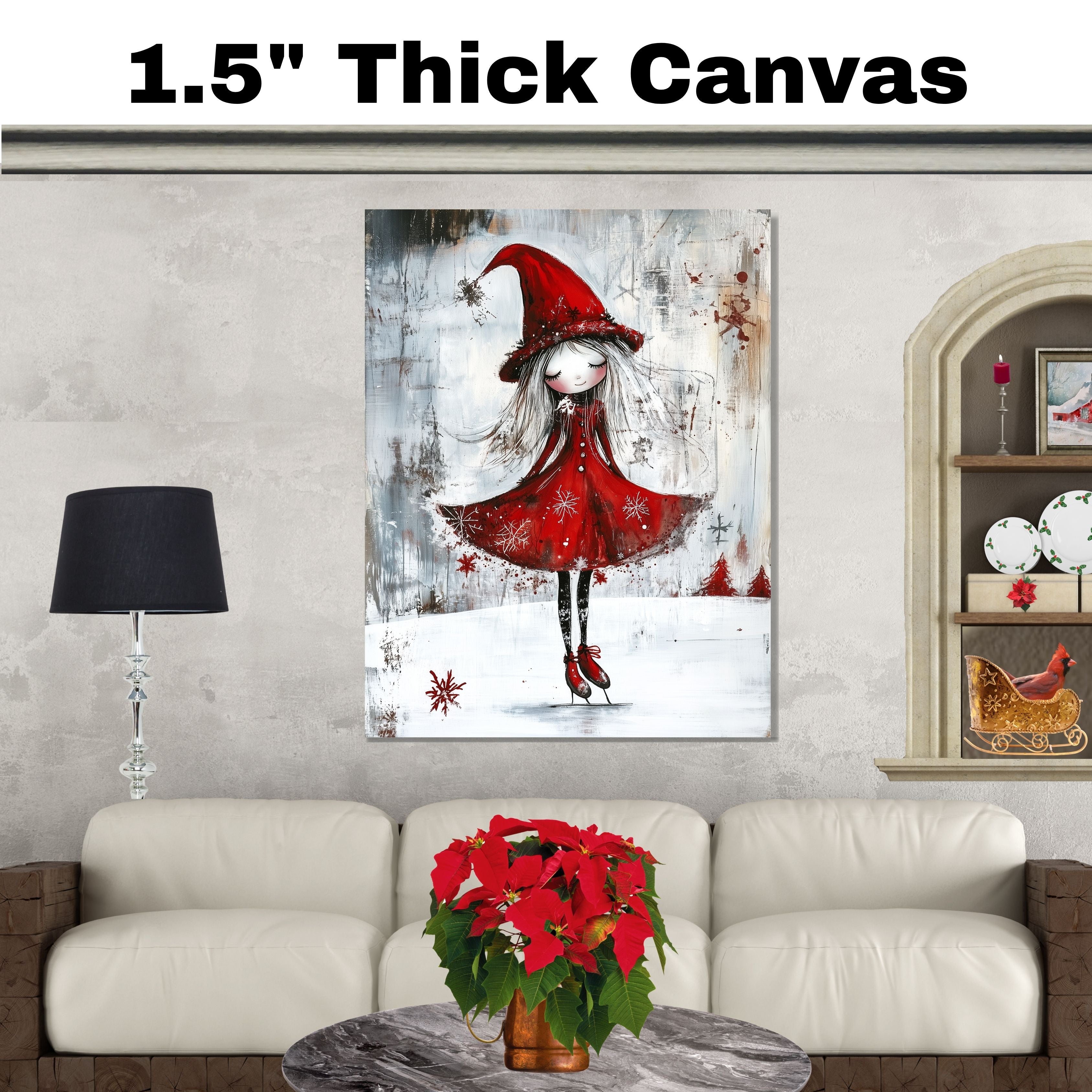 Whimsical Christmas Witch Ice Skating Print – Gothic Red Dress Winter Fairy Art, Magical Holiday Wall Decor, Snowy Enchanted Scene for Nursery or Gift on Ready to Hang 1.5" Thick Canvas Wrap, Floating Framed Canvas, Flat Rolled Canvas