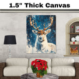 Snowy Reindeer Portrait Winter Wonderland Abstract Painting Majestic Wildlife Scene for Holiday Seasonal Home Office Decoration or Christmas Gift on Ready to Hang 1.5" Thick Canvas Wrap, Floating Framed Canvas, Flat Rolled Canvas