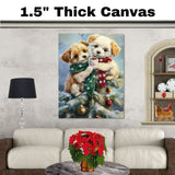 Two Baby Puppies in Red and Green Scarves Sharing Cocoa on Snowy Christmas Tree with Ornaments Holiday Art Print for Nursery or Cozy Winter Wall Decor on Ready to Hang 1.5" Thick Canvas Wrap, Floating Framed Canvas, Flat Rolled Canvas