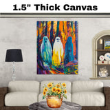 Three Colorful Ghosts in a Vivid Abstract Forest, Bold Halloween-Inspired Artwork with Bright Brushstrokes and Surreal Fantasy Atmosphere on Ready to Hang 1.5" Thick Canvas Wrap, Floating Framed Canvas, Flat Rolled Canvas