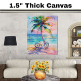 Watercolor Painting of Palm Tree and Bicycle on Beach with Ocean Sunset Background on Ready to Hang 1.5" Thick Canvas Wrap, Floating Framed Canvas, Flat Rolled Canvas