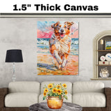 Watercolor Painting of a Fluffy Dog Joyfully Running on the Beach with Ocean Waves and Vibrant Sunset Skies on Ready to Hang 1.5" Thick Canvas Wrap, Floating Framed Canvas, Flat Rolled Canvas