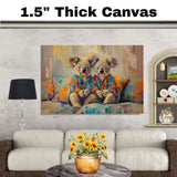 Vibrant Painting of Two Koalas in Bright Pajamas Sitting on a Colorful Bed Surrounded by Pillows with Cheerful Expressions and Playful Abstract Texture on Ready to Hang 1.5" Thick Canvas Wrap, Floating Framed Canvas, Flat Rolled Canvas