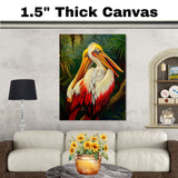 Pair of White and Red Pelicans with Golden Beaks Resting on a Jungle Branch Surrounded by Lush Tropical Foliage in a Vibrant Rainforest Setting on Ready to Hang 1.5" Thick Canvas Wrap, Floating Framed Canvas, Flat Rolled Canvas