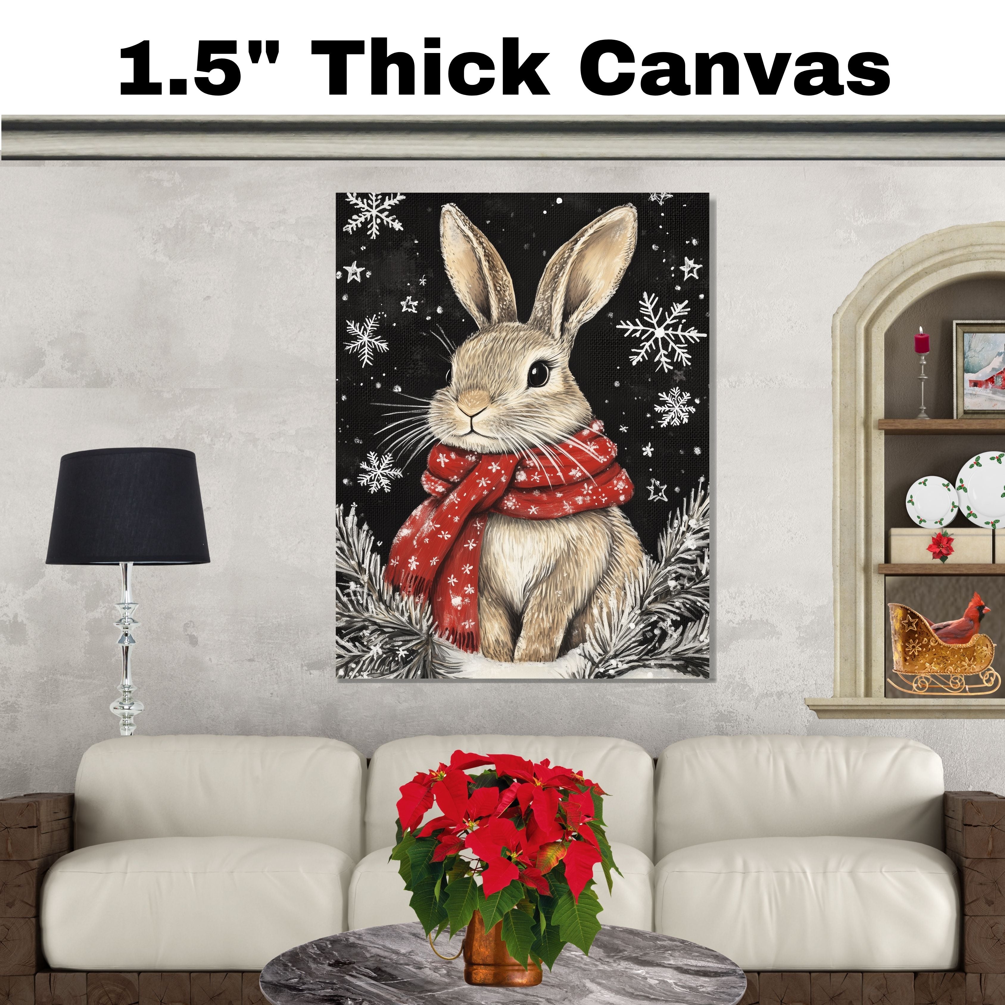 "Snowy Serenity Bunny" - Bunny in Red Scarf Sitting in Winter Snow on Ready to Hang 1.5" Thick Canvas Wrap, Floating Framed Canvas, Flat Rolled Canvas