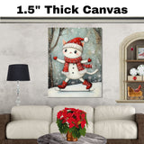 Christmas Wall Art Featuring White Cat in Snowman Outfit Ice Skating Adorable and Whimsical Holiday Print for Cat Lovers and Cozy Winter Home Décor on Ready to Hang 1.5" Thick Canvas Wrap, Floating Framed Canvas, Flat Rolled Canvas
