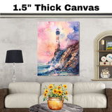 Vibrant Lighthouse on Ocean Cliff with Crashing Waves and Soaring Birds in a Stunning Watercolor Sunset Seascape Scene on Ready to Hang 1.5" Thick Canvas Wrap, Floating Framed Canvas, Flat Rolled Canvas