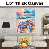 Watercolor Painting of a Multicolored Crab at the Beach – Coastal Sea Life Art Print with Sunset Ocean Background on Ready to Hang 1.5" Thick Canvas Wrap, Floating Framed Canvas, Flat Rolled Canvas