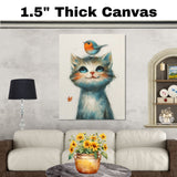 Charming Painting of a Kitten with Bright Blue Eyes and a Robin on Its Head Perfect for Whimsical Animal Decor or Unique Gifts for Cat and Bird Lovers on Ready to Hang 1.5" Thick Canvas Wrap, Floating Framed Canvas, Flat Rolled Canvas
