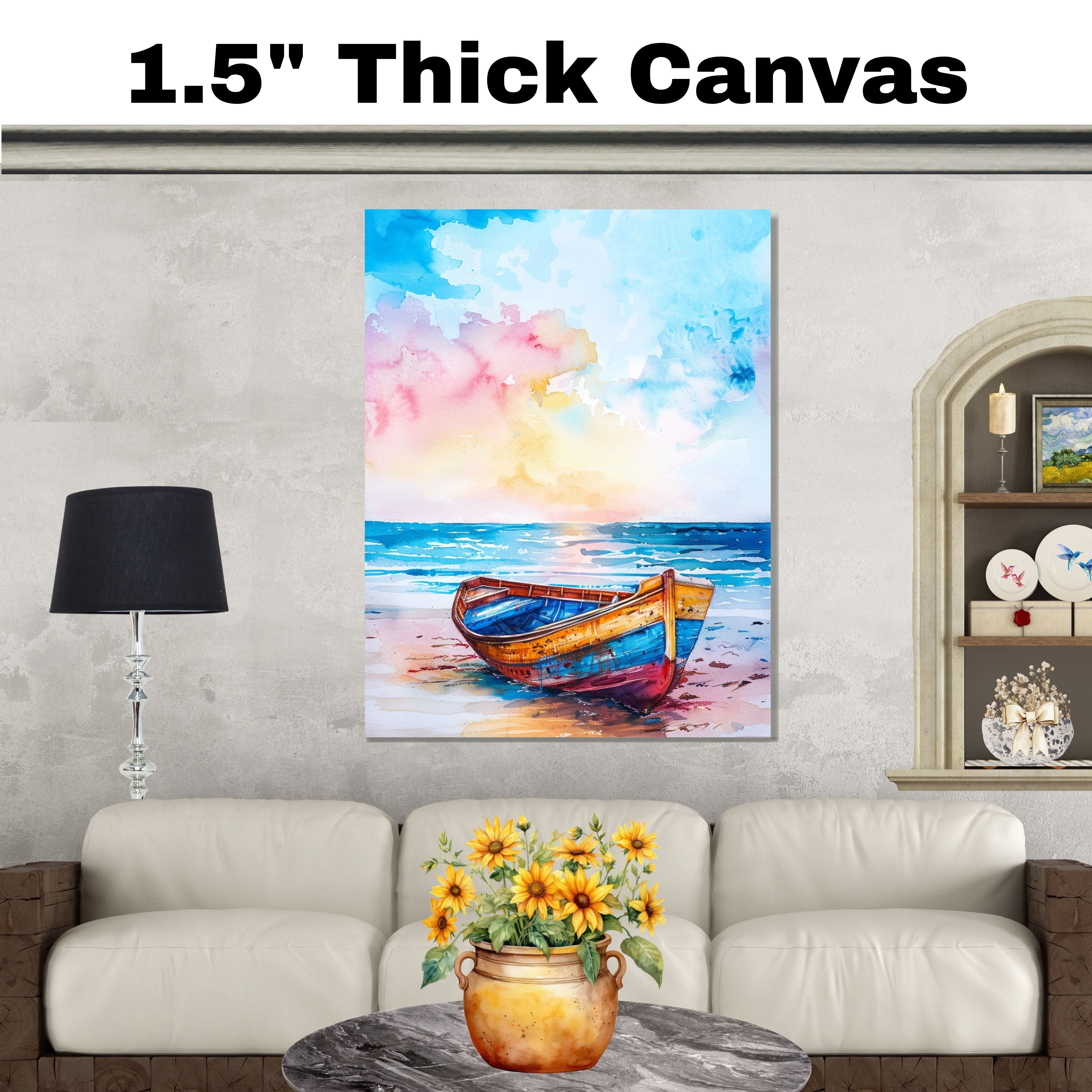 Watercolor Painting of Colorful Wooden Boat on Sandy Shore with Ocean View and Bright Sky in Soft Blue Pink and Yellow Tones on Ready to Hang 1.5" Thick Canvas Wrap, Floating Framed Canvas, Flat Rolled Canvas