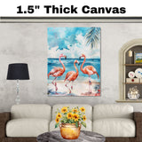 Watercolor Flamingos at Beach with Tropical Ocean Background and Palm Leaves in Vibrant Colors on Ready to Hang 1.5" Thick Canvas Wrap, Floating Framed Canvas, Flat Rolled Canvas