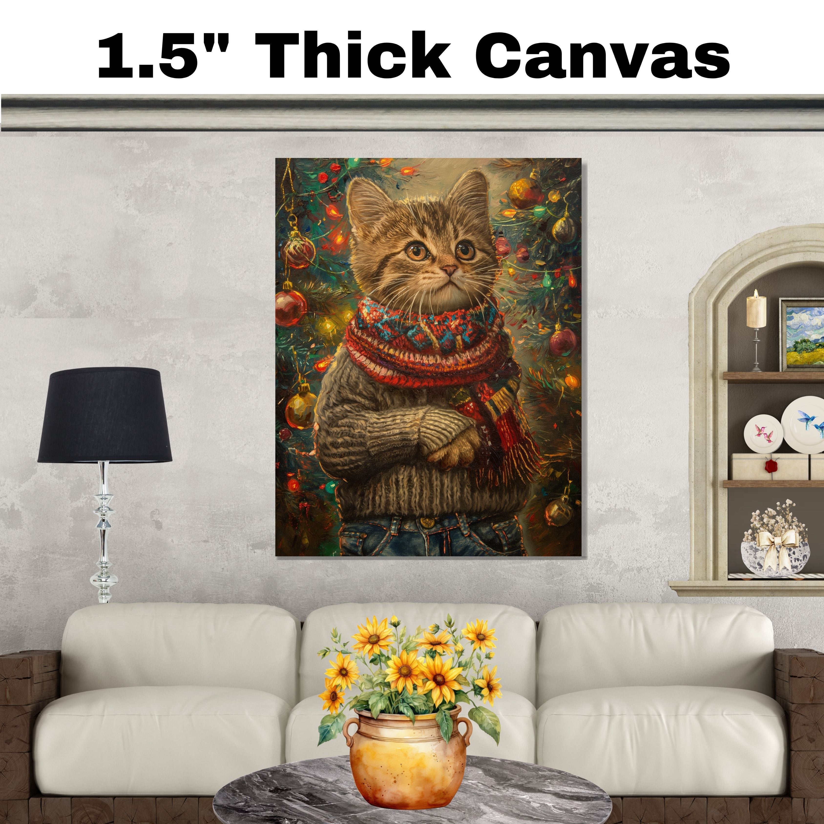 Christmas Kitten in Sweater and Scarf Adorable Holiday Cat Painting Cozy Winter Scene for Home Office Seasonal Christmas Decorations or Cat Lover Gift on Ready to Hang 1.5" Thick Canvas Wrap, Floating Framed Canvas, Flat Rolled Canvas