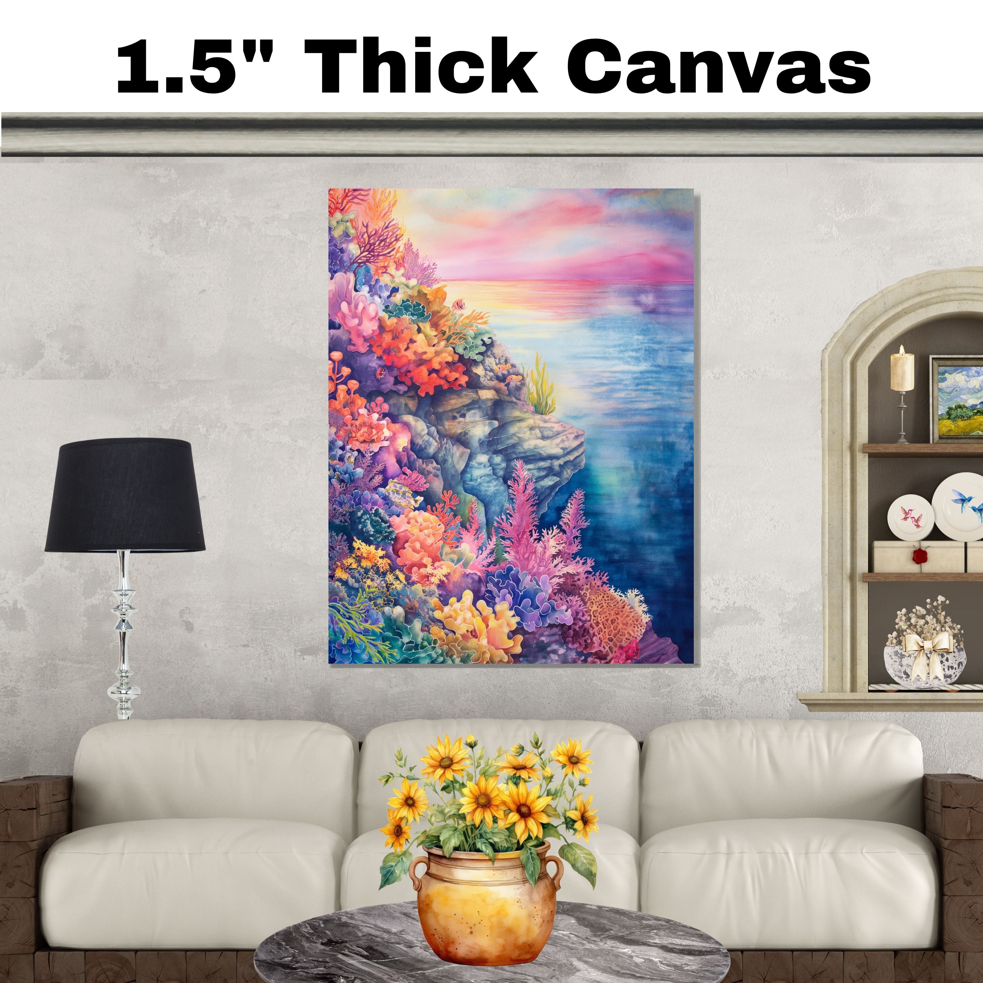 Vibrant Coral Reef Watercolor Art with Ocean Sunset and Marine