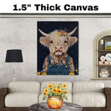 Highland Cow Wall Art Cute Cow in Overalls and Flowers Rustic Farmhouse Decor for Bedroom Nursery or Gifts for Animal Lovers and Country Home Fans on Ready to Hang 1.5" Thick Canvas Wrap, Floating Framed Canvas, Flat Rolled Canvas