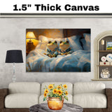 Charming Painting of Two Frogs in Pajamas Sitting in Bed Under a Warm Lamp Glow with Peaceful Expressions and a Cozy Nighttime Atmosphere on Ready to Hang 1.5" Thick Canvas Wrap, Floating Framed Canvas, Flat Rolled Canvas