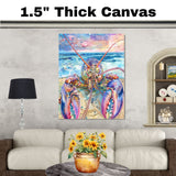 Watercolor Painting of a Colorful Lobster Facing Ocean Waves Under a Vibrant Coastal Sky at Sunset on Ready to Hang 1.5" Thick Canvas Wrap, Floating Framed Canvas, Flat Rolled Canvas