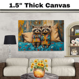 Whimsical Painting of Two Raccoons in Bright Pajamas Sitting on a Bed with Soft Pillows and a Colorful Blanket in a Cozy Setting with Expressive Faces on Ready to Hang 1.5" Thick Canvas Wrap, Floating Framed Canvas, Flat Rolled Canvas