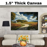 Winding Country Road Through Golden Fields and Barn – Peaceful Landscape Folk Art Painting on Ready to Hang 1.5" Thick Canvas Wrap, Floating Framed Canvas, Flat Rolled Canvas