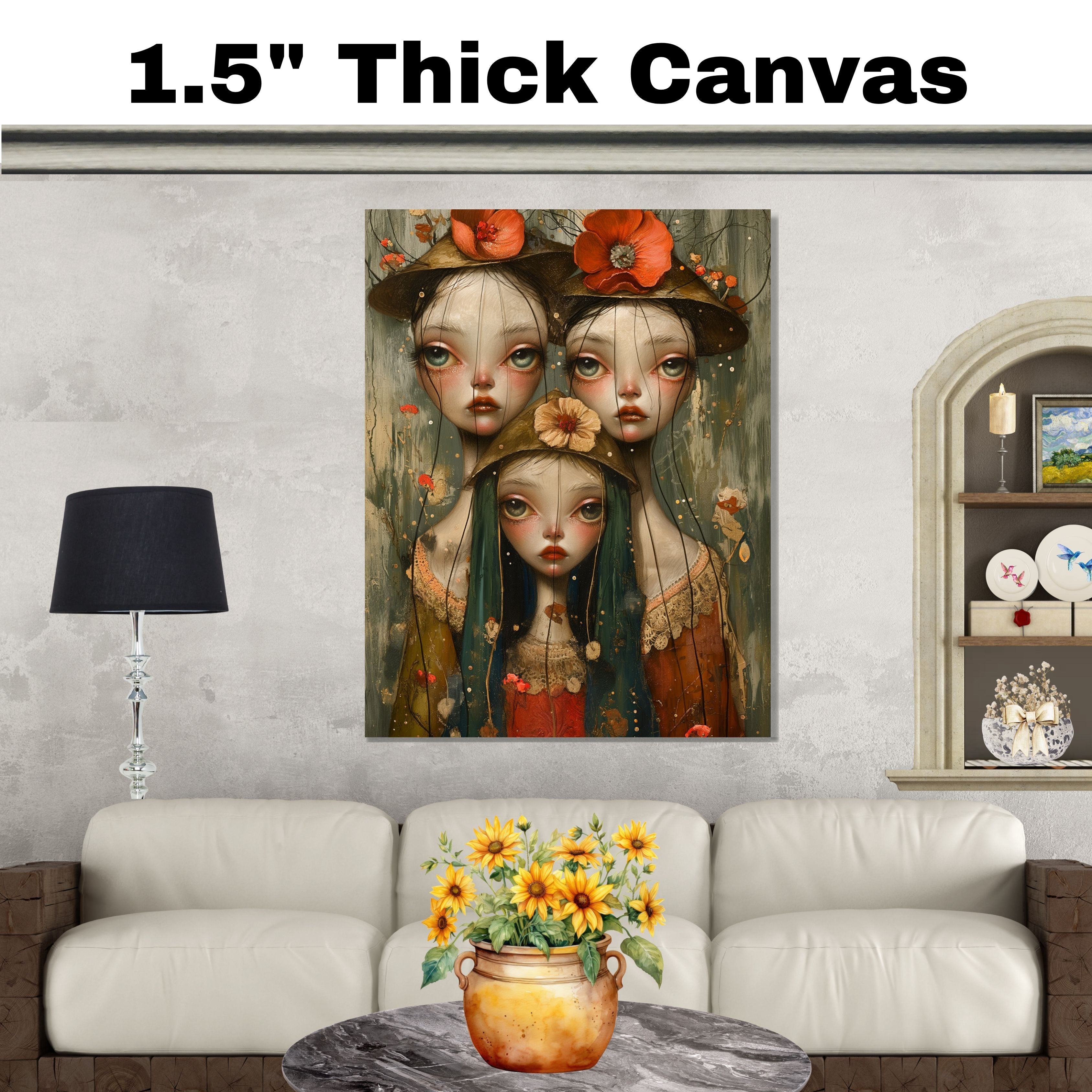 Dreamy Trio of Girls with Floral Hats Hand Painted Art Emotional and Delicate Perfect for Home Wall Decor Living Room Bedroom Office or Unique Gift Idea on Ready to Hang 1.5" Thick Canvas Wrap, Floating Framed Canvas, Flat Rolled Canvas