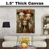 Dreamy Trio of Girls with Floral Hats Hand Painted Art Emotional and Delicate Perfect for Home Wall Decor Living Room Bedroom Office or Unique Gift Idea on Ready to Hang 1.5" Thick Canvas Wrap, Floating Framed Canvas, Flat Rolled Canvas