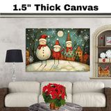Christmas Folk Art with Three Joyful Snowmen, Falling Snowflakes, Festive Hats, and a Cheerful Winter Village on Ready to Hang 1.5" Thick Canvas Wrap, Floating Framed Canvas, Flat Rolled Canvas